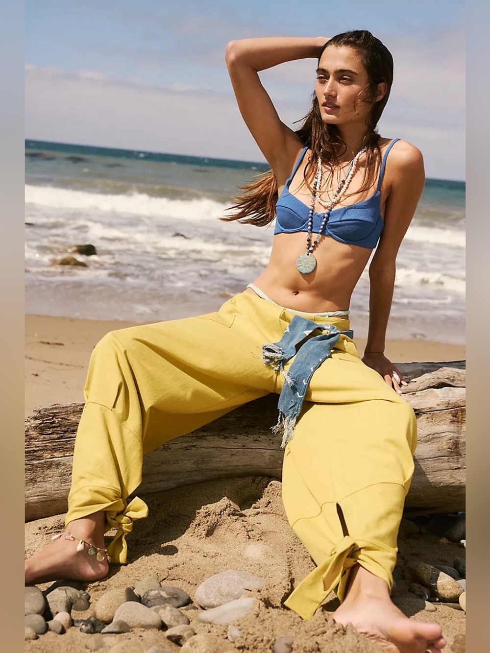 FP Beach Yellow Sleek Slouchy Exaggerated Pockets  Ankle Ties High Rise Pants
